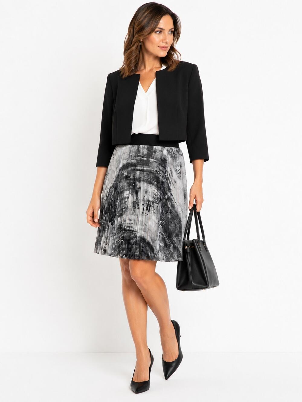 LR4710 APT 9 Pleated Skirt Large Black Gray Abstract Print Elastic Waist Lined